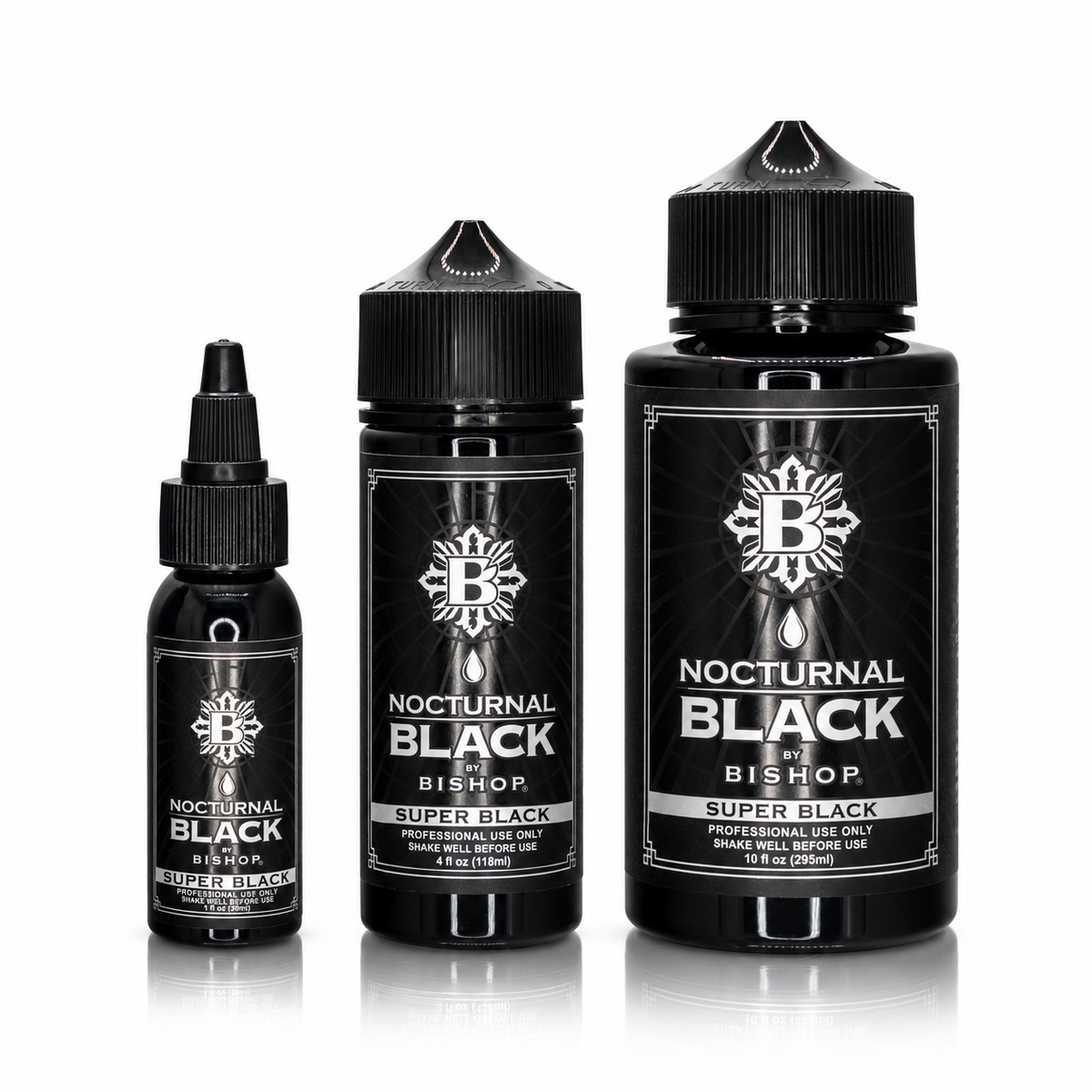 Nocturnal By Bishop Super Black 30ml, 118ml, 295ml — porównanie pojemności butelek