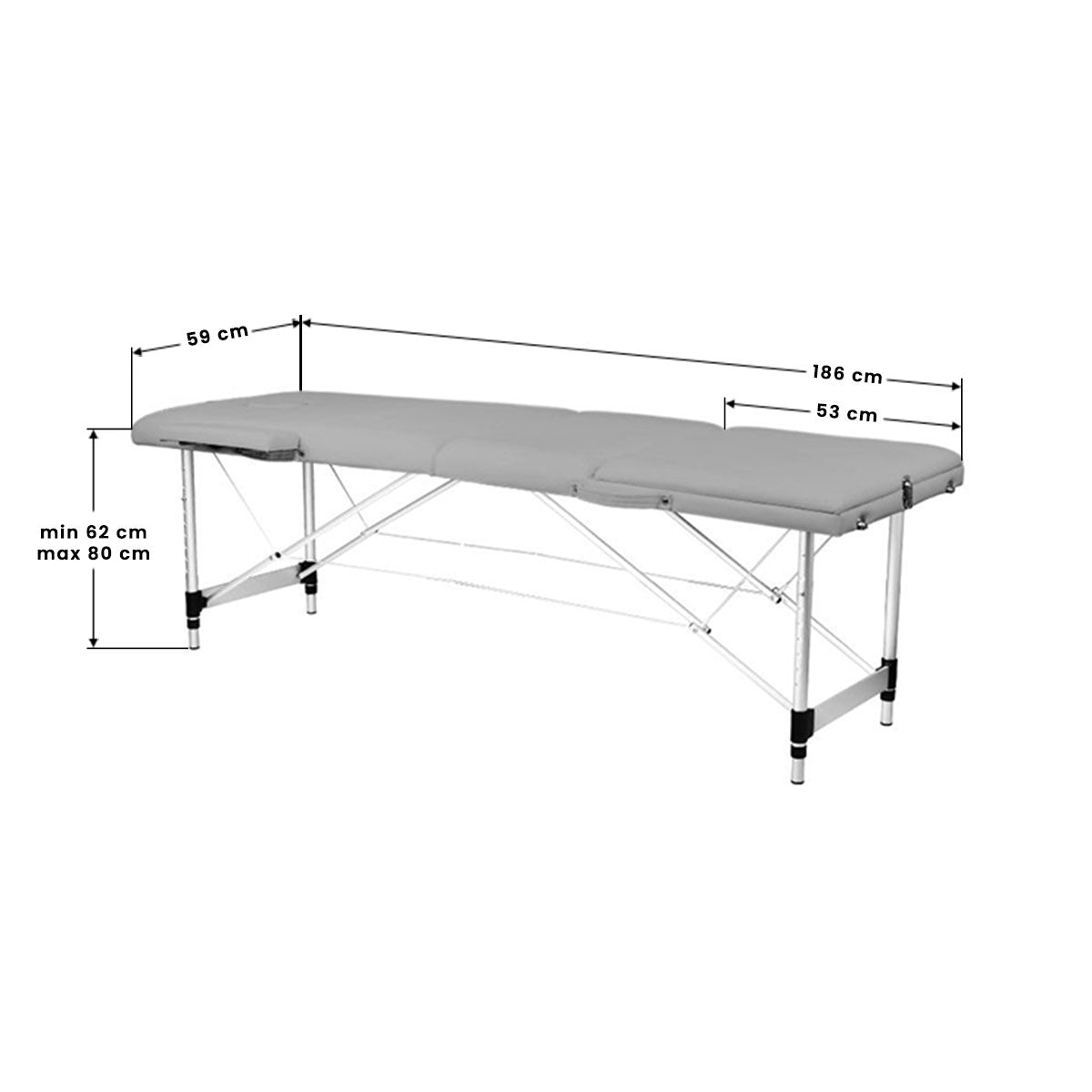 BALANCE trzyczęściowy składany aluminiowy stół do masażu – Szary; rysunek wymiarowy, blat 186 × 59 cm