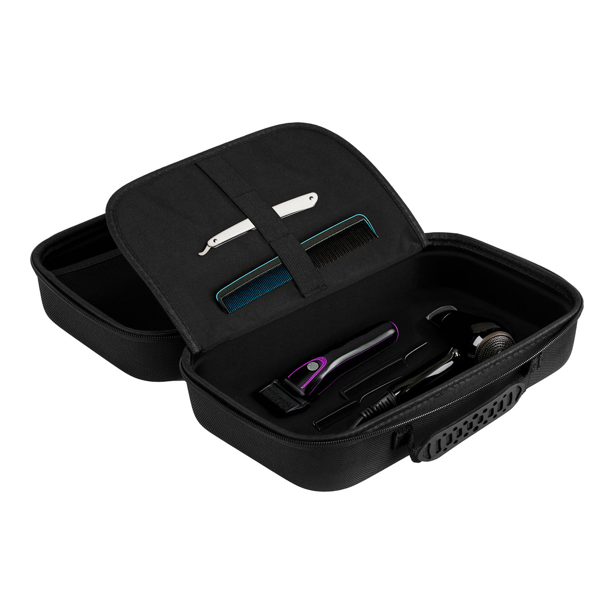 BVShop hairdressing trunk T-08-1 with multiple compartments, black exterior, and sturdy handle for salon or professional use.