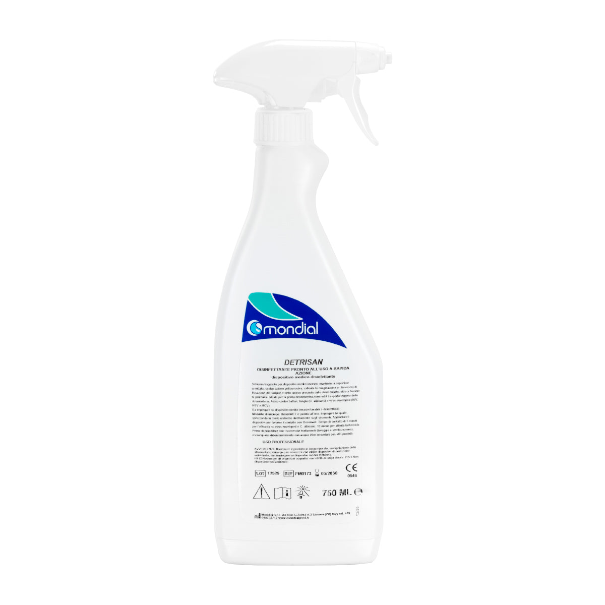 Mondial DetrisAn disinfectant spray for non-invasive medical devices, shown in a spray bottle on a white background.