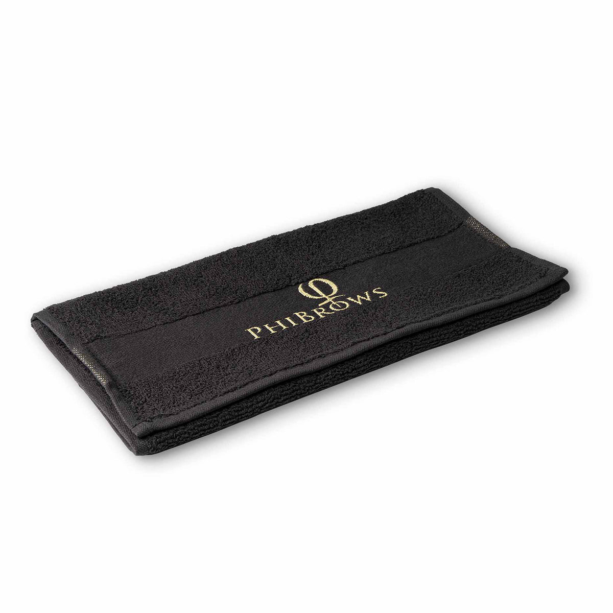 PhiBrows Black Cotton Towel 30x47cm — folded towel shown at an angle
