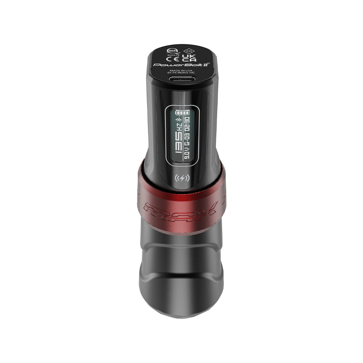 FK Irons Flux Max Yomico Red/Black tattoo machine angled view