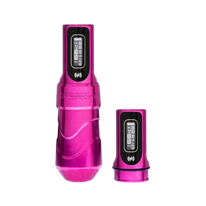 FK Irons Flux Max Bubblegum tattoo machine with two PowerBolt II batteries