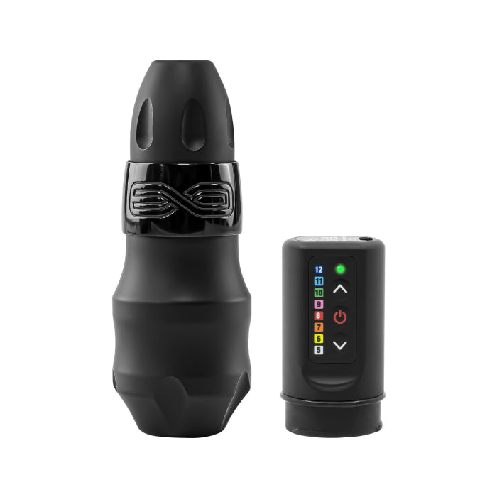 FK Irons EXO Black Ops tattoo machine with RCA Bolt and two PowerBolt batteries