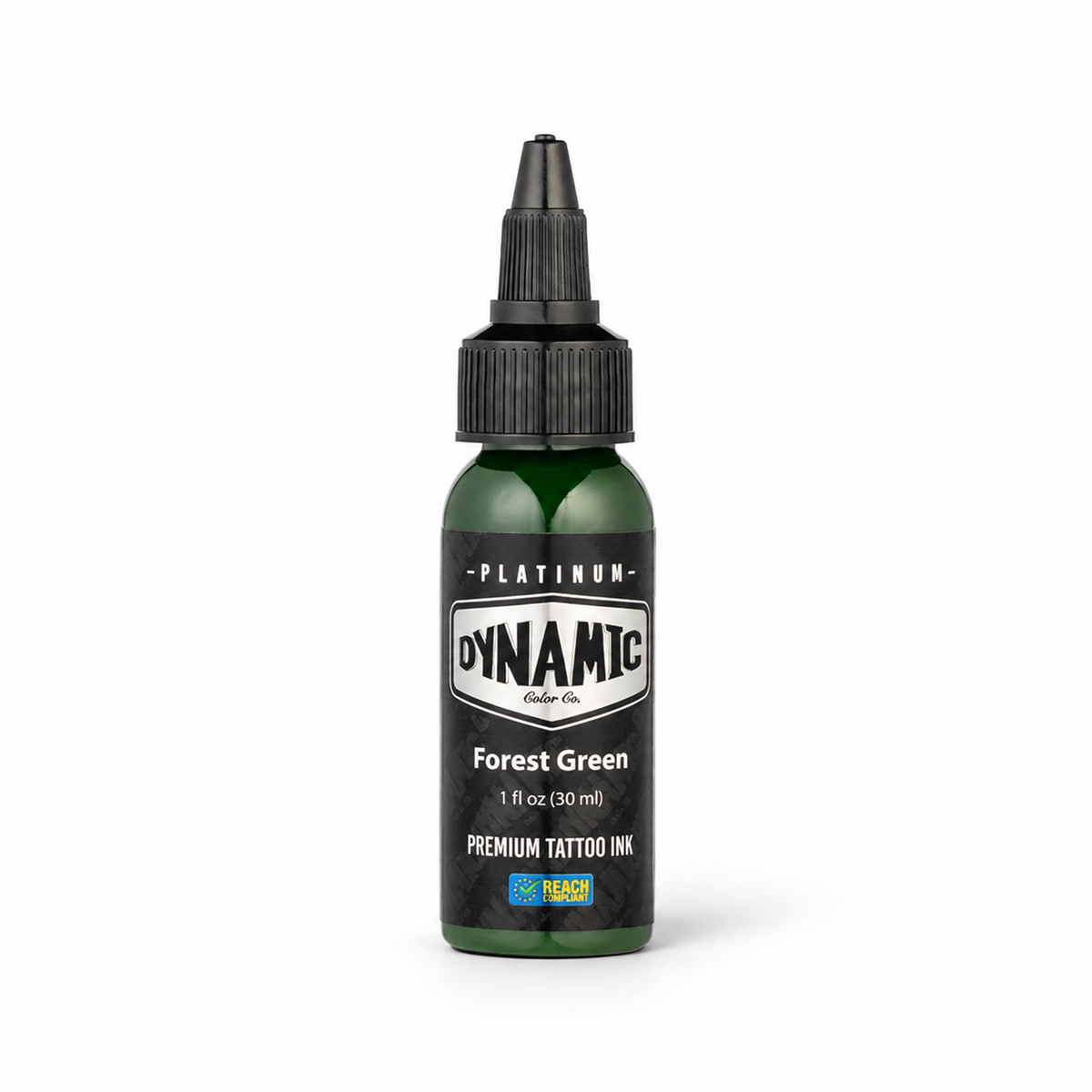 Platinum By Dynamic Tattoo Ink Forest Green 30ml bottle on a white background with a natural shadow