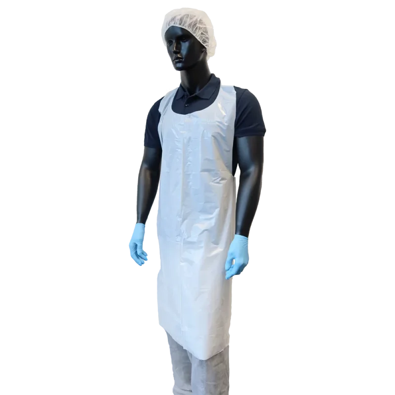 Set of 100 UNIGLOVES PE aprons made of clear plastic, ideal for protective wear in various cleaning and food service environments.