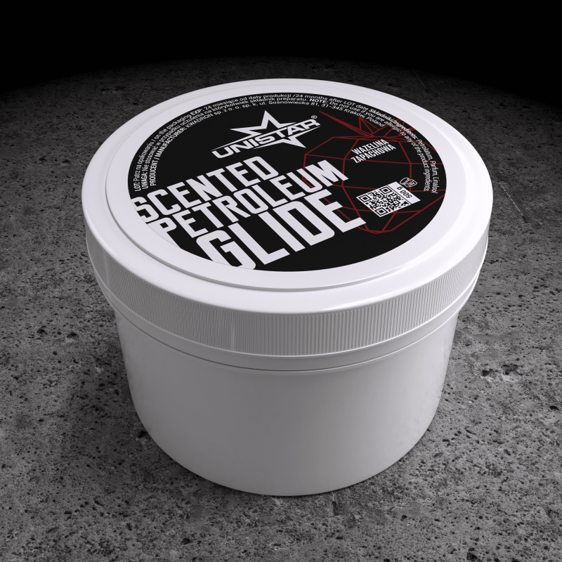Unistar Scented White Glide Strawberry 500g jar, showing the smooth white glide with strawberry scent and label on the lid.