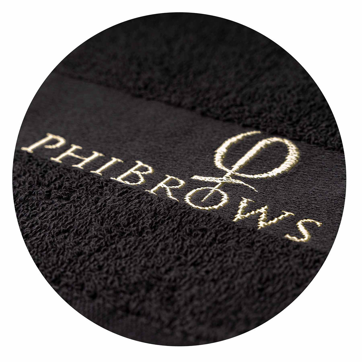 PhiBrows Black Cotton Towel 30x47cm — close-up of cotton texture and embroidered logo