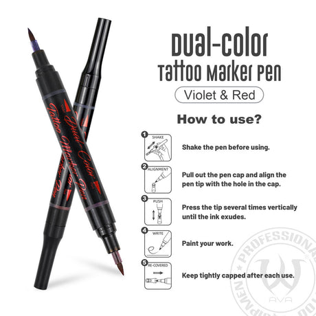 AVA Dual-Color Tattoo Marker Pen with red and violet ink, featuring fine tip for precise tattoo designs.