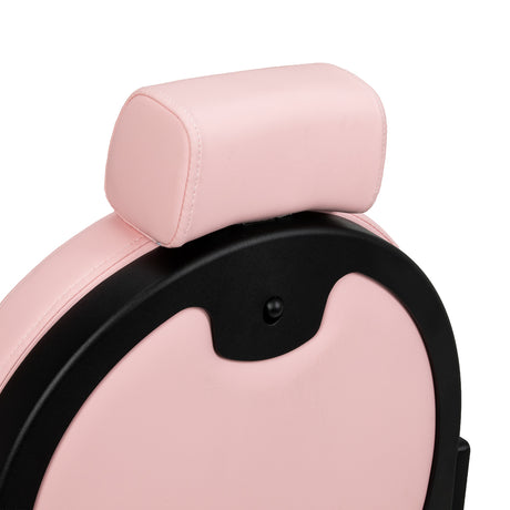 Pink barber chair with black base and armrests, Gabbiano President model, featuring plush upholstery and modern design.