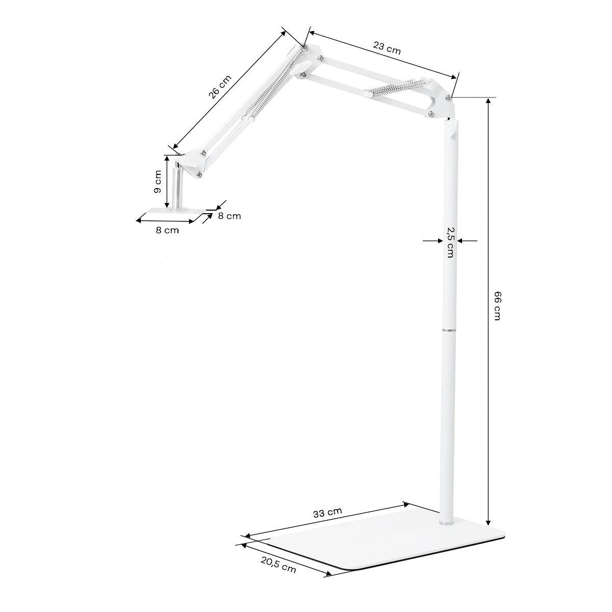 GLOW regulowany statyw do lampy UV/LED do pedicure – Biały; rysunek wymiarowy, podstawa 33 × 20,5 cm