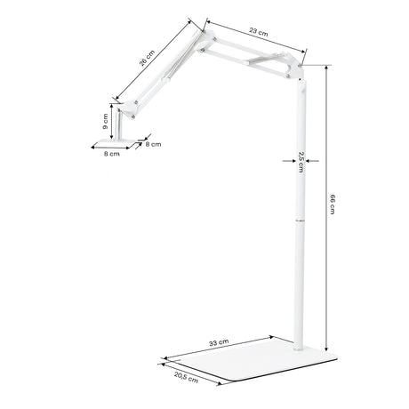 GLOW regulowany statyw do lampy UV/LED do pedicure – Biały; rysunek wymiarowy, podstawa 33 × 20,5 cm