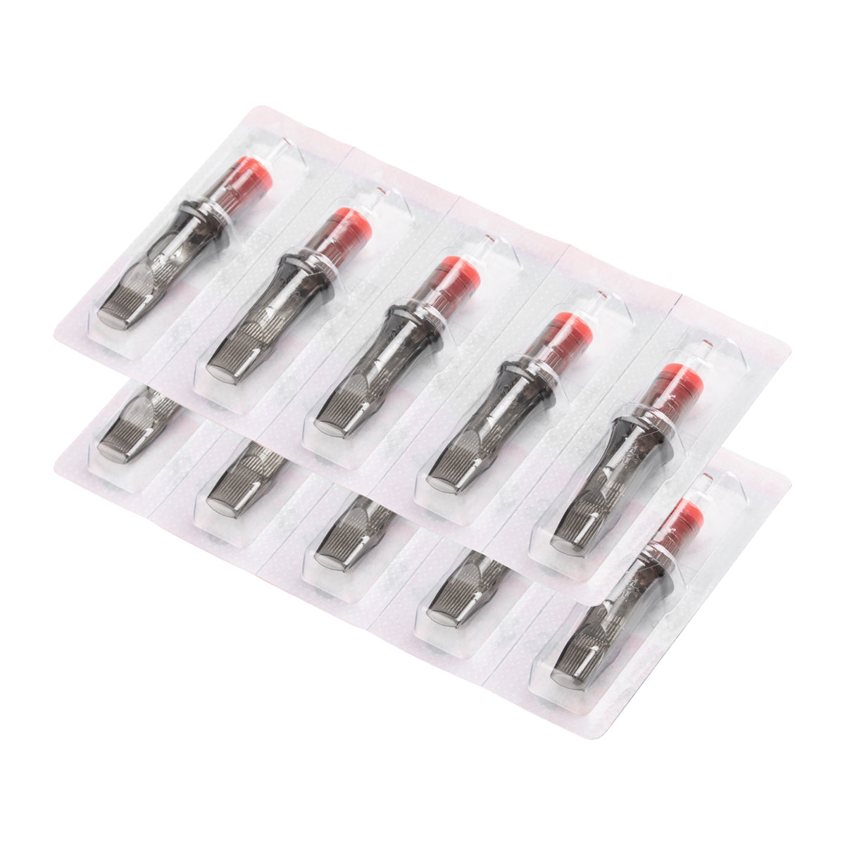 Set of 10 EL CARTEL V2 0.35mm 21RM LongTaper tattoo cartridges with precision needles for professional tattooing.