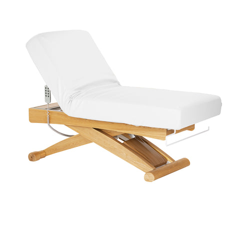 Sillon Siesta Elektryczna Leżanka SPA – Biała, Jasnobrązowa Podstawa · Pozycja odchylona