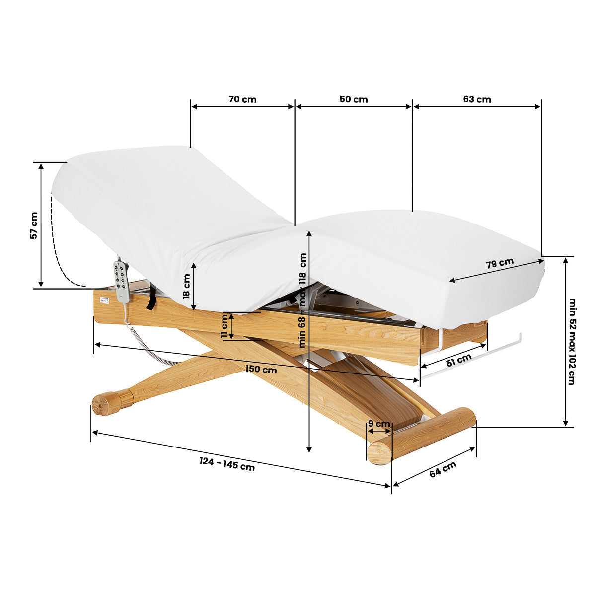 Sillon Siesta Elektryczna Leżanka SPA – Biała, Jasnobrązowa Podstawa · Rysunek wymiarów