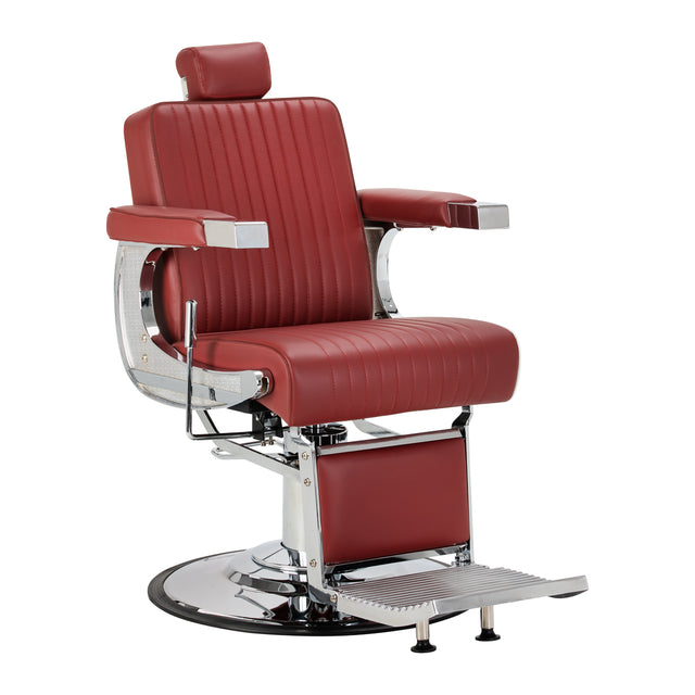 Gabbiano Visionerio+ hydrauliczny fotel barberski – Czerwony, chromowany stelaż; widok pod kątem