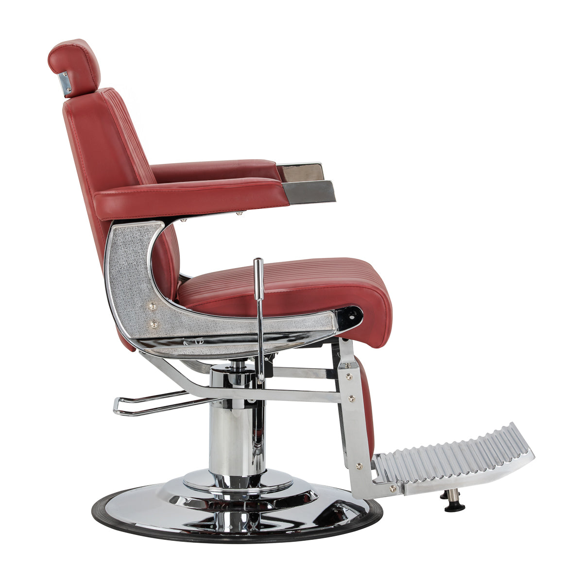 Gabbiano Visionerio+ hydrauliczny fotel barberski – Czerwony, chromowany stelaż; widok z boku, proste oparcie