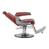 Gabbiano Visionerio+ hydrauliczny fotel barberski – Czerwony, chromowany stelaż; widok z boku, odchylone oparcie