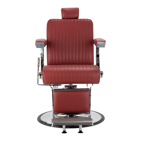 Gabbiano Visionerio+ hydrauliczny fotel barberski – Czerwony, chromowany stelaż; widok z przodu