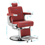 Gabbiano Visionerio+ hydrauliczny fotel barberski – Czerwony, chromowany stelaż; rysunek wymiarowy, wysokość siedziska 55–72 cm