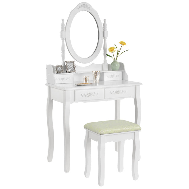 White MIRA Dressing Table with 4 drawers mirror + stool - BVShop