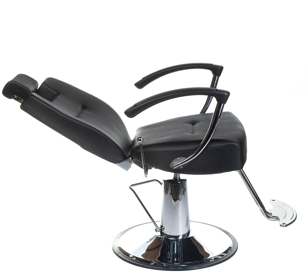 Black Barber Chair HEKTOR BH-3208 by Beauty System with padded seat, adjustable height, and sturdy metal frame for professional salons.