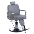 Light gray barber chair by Beauty System with padded seat and backrest, adjustable armrests, and sturdy base for salon use.