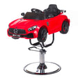 Children's red Mercedes-themed hairdressing chair by Beauty System, featuring a plush seat and steering wheel design.