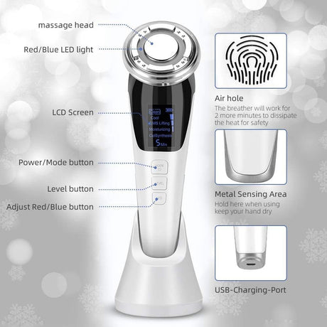 Red and blue LED facial massager for warming and cooling skincare care