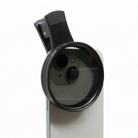 Universal Clip-On CPL lens for 67mm camera lenses, compatible with BVShop, shown attached to a camera lens in the image.