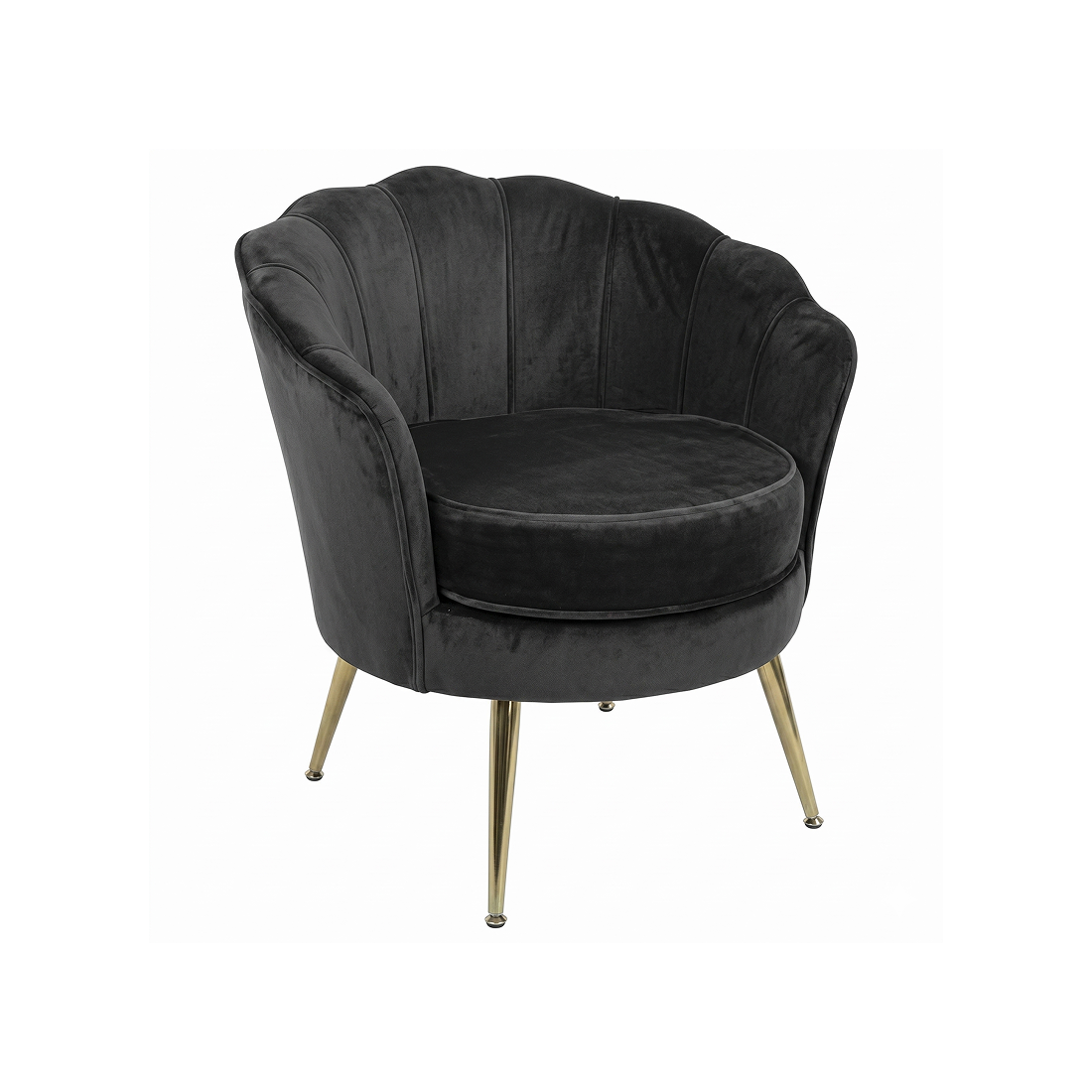 Black velvet armchair with gold legs on a white background