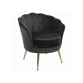 Black velvet armchair with gold legs on a white background