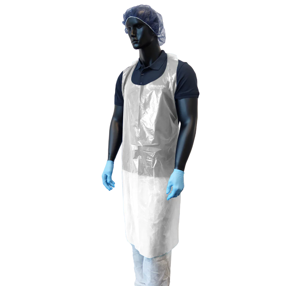 UNIGLOVES PE apron with a light blue, textured plastic surface, designed for industrial or food processing environments.