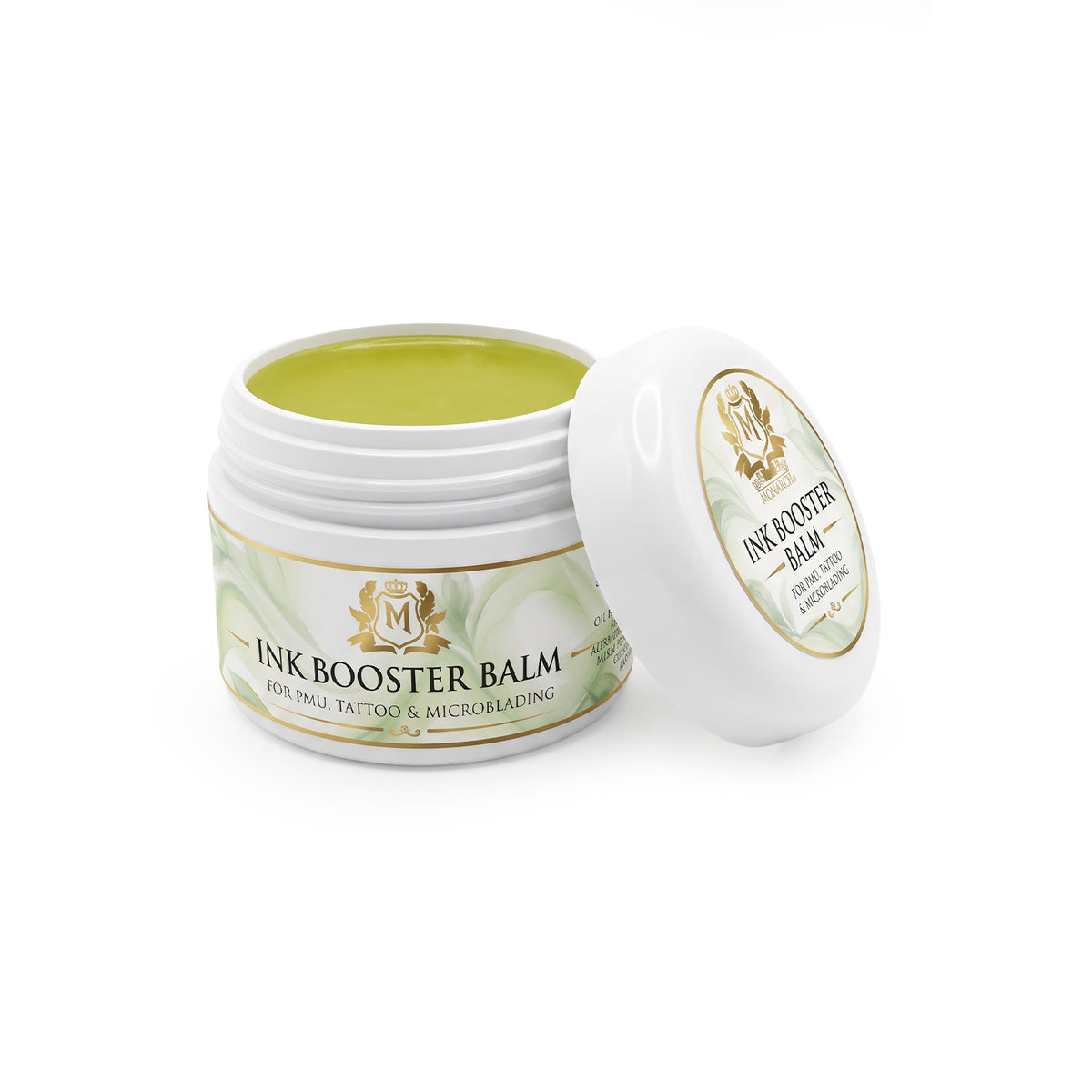Skin Monarch Ink Booster Balm 30ml, otwarty słoiczek z żółtym balsamem i wieczkiem