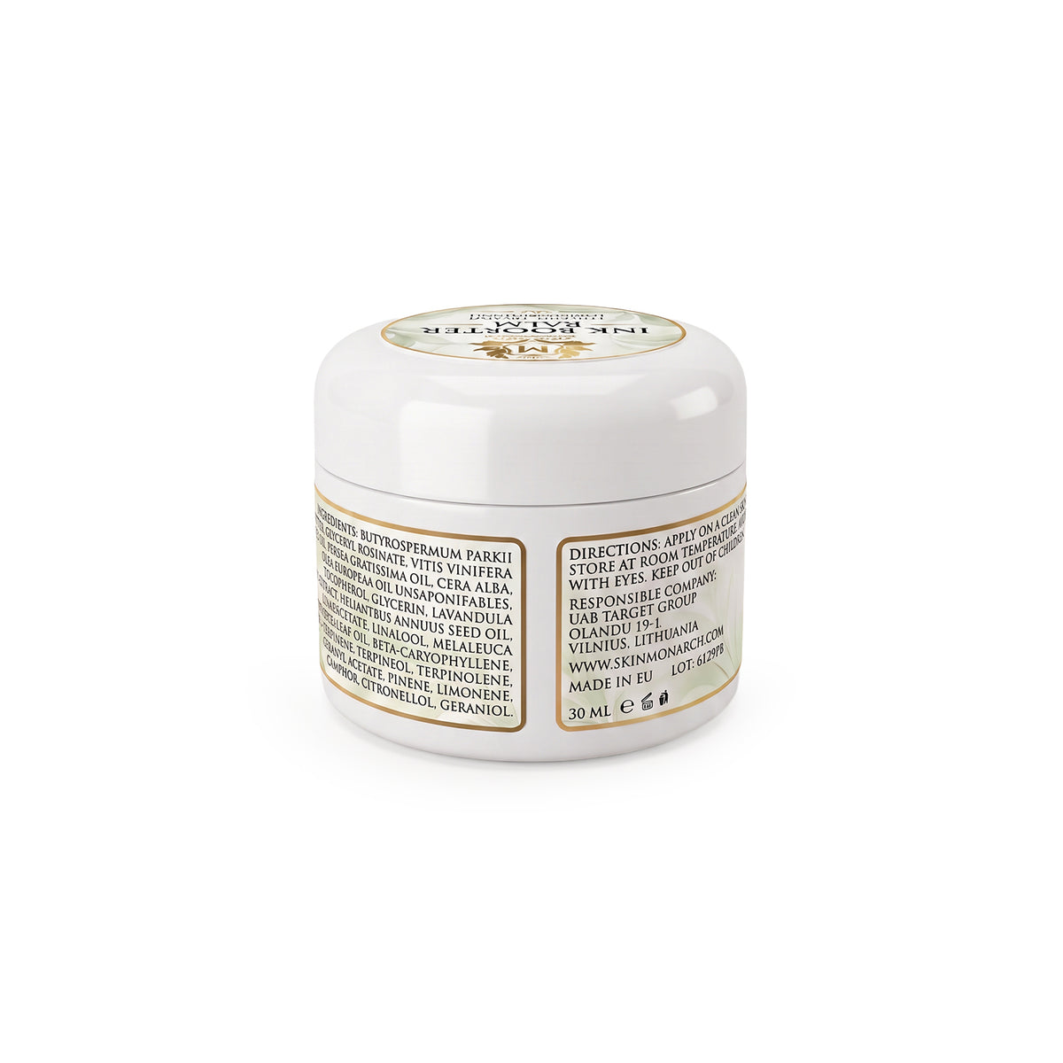 Skin Monarch Ink Booster Balm 30ml, tylna etykieta ze składnikami i instrukcjami użycia