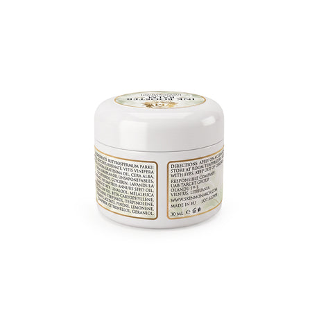Skin Monarch Ink Booster Balm 30ml, tylna etykieta ze składnikami i instrukcjami użycia