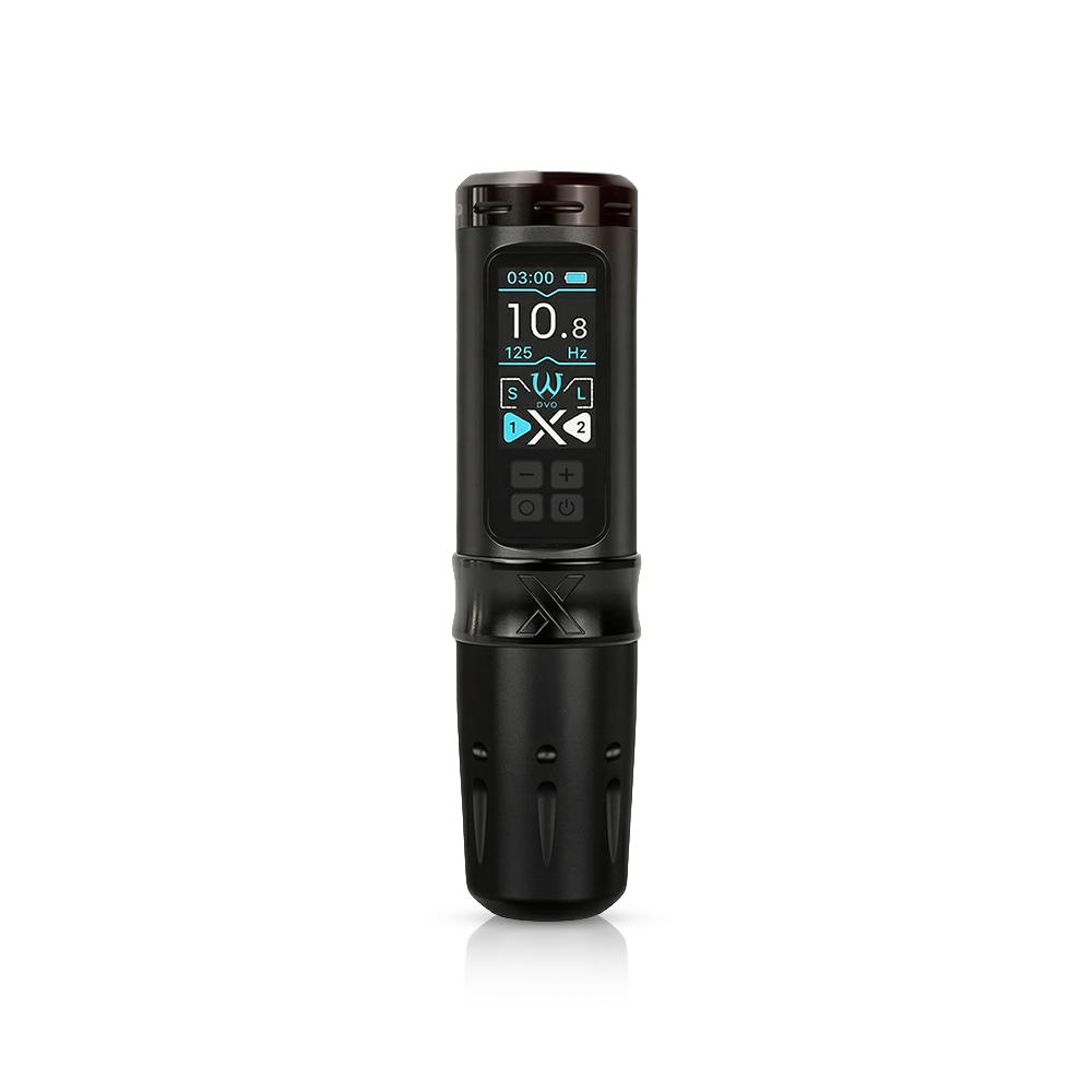 Wireless AVA UNI-X tattoo pen machine with ergonomic design and sleek black finish, ready for professional tattooing.