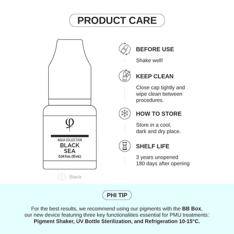 PhiAcademy PMU Aqua Black Sea Pigment 10ml — product care and storage