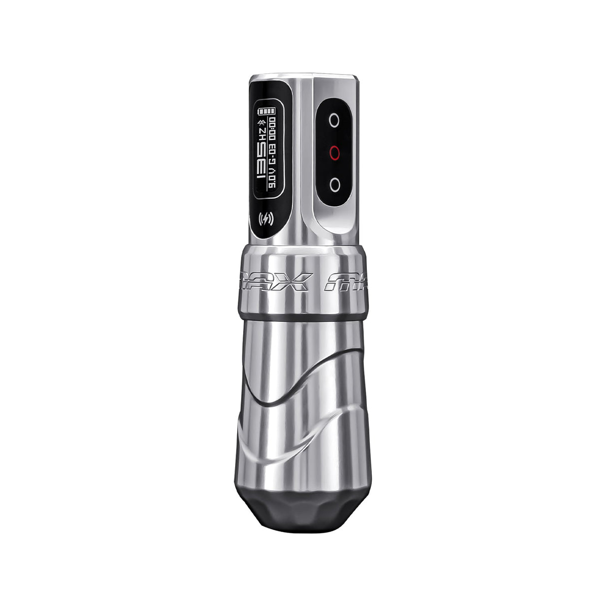 FK Irons Flux Max tattoo machine, Blade silver, angled view