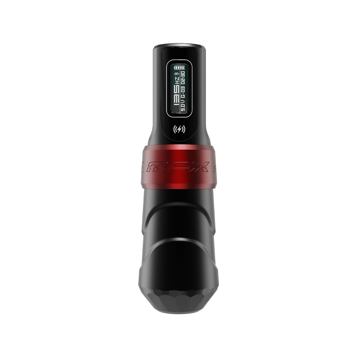 FK Irons Flux Max Yomico Red/Black wireless tattoo machine side view