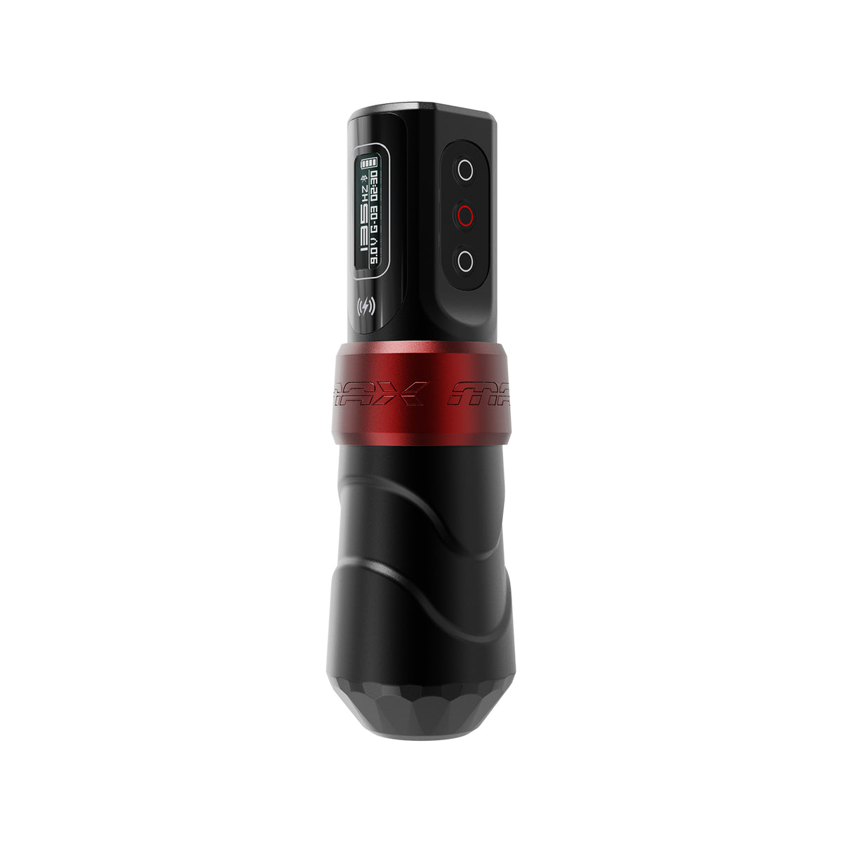 FK Irons Flux Max Yomico Red/Black tattoo machine angled view