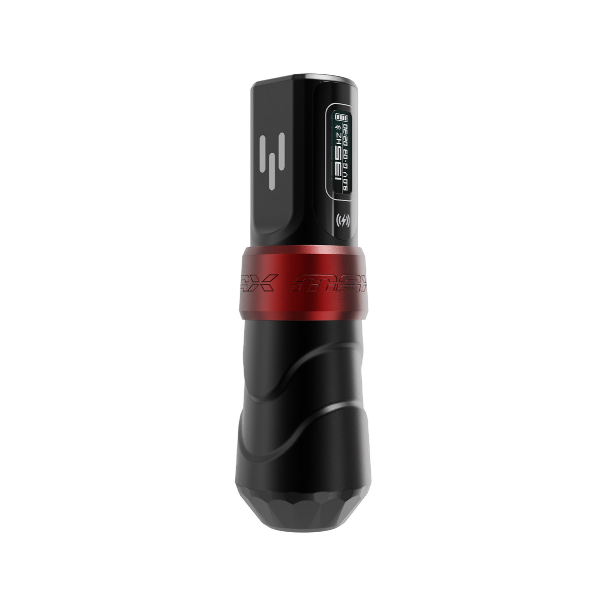 FK Irons Flux Max Yomico Red/Black wireless tattoo machine side view