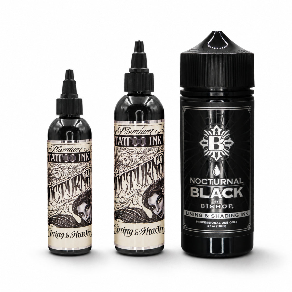 Nocturnal Lining & Shading — two Legacy bottles and one Bishop 118ml bottle on white background