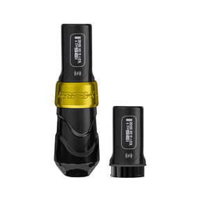 FK Irons Flux Max Gold/Stealth wireless tattoo machine with two PowerBolt II batteries