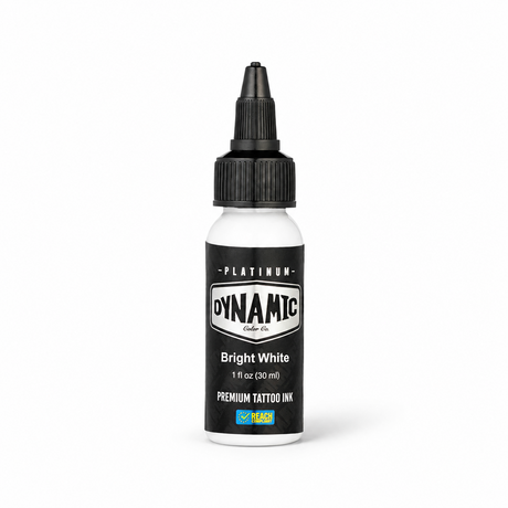 Platinum By Dynamic Tattoo Ink Bright White 30ml bottle on a white background with a natural shadow