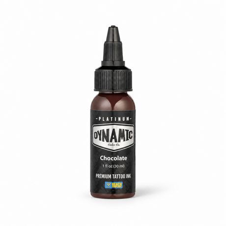 Platinum By Dynamic Tattoo Ink Chocolate 30ml bottle on a white background with a natural shadow