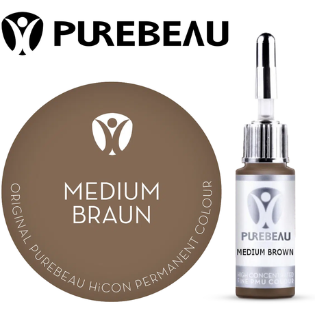 Purebeau Medium Brown 10ml HiCON, butelka pigmentu do brwi i próbka koloru
