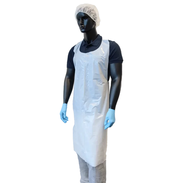 Set of 100 UNIGLOVES PE aprons made of clear plastic, ideal for protective wear in various cleaning and food service environments.