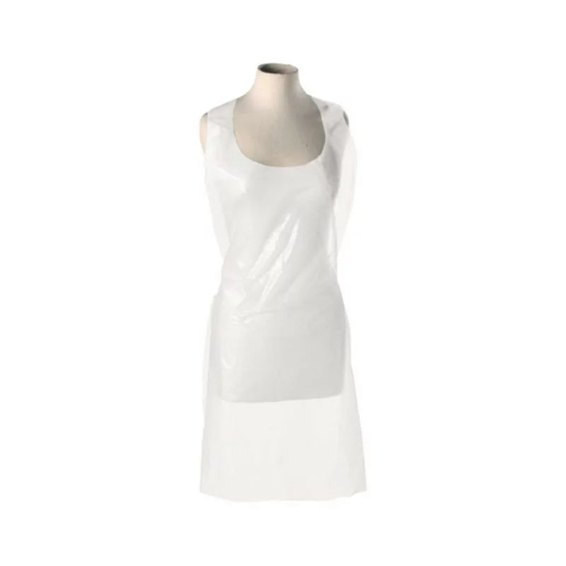 Set of 100 UNIGLOVES PE aprons with adjustable ties, lightweight and durable for food handling and industrial use.